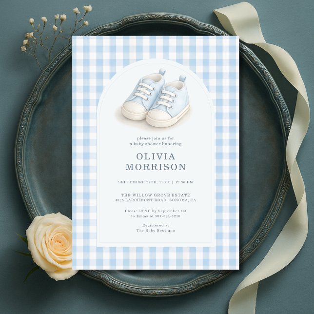 Invitation Chaussures Gingham Bleu Aquarelle pour Baby Shower (Créateur téléchargé)