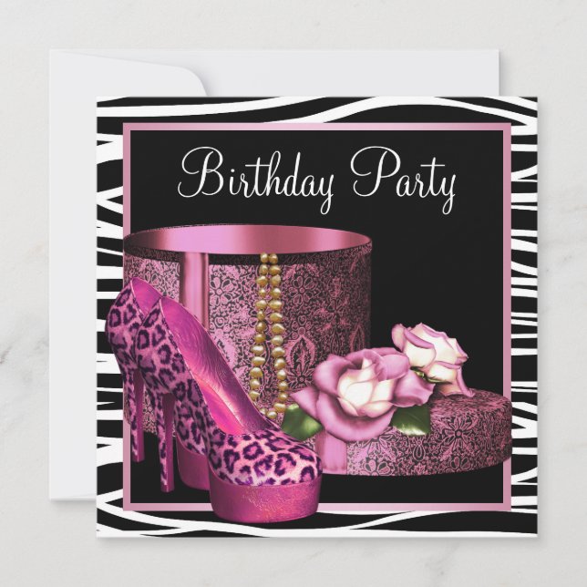 Invitation Chaussures Leopard High Heel rose Zebra Anniversai (Devant)
