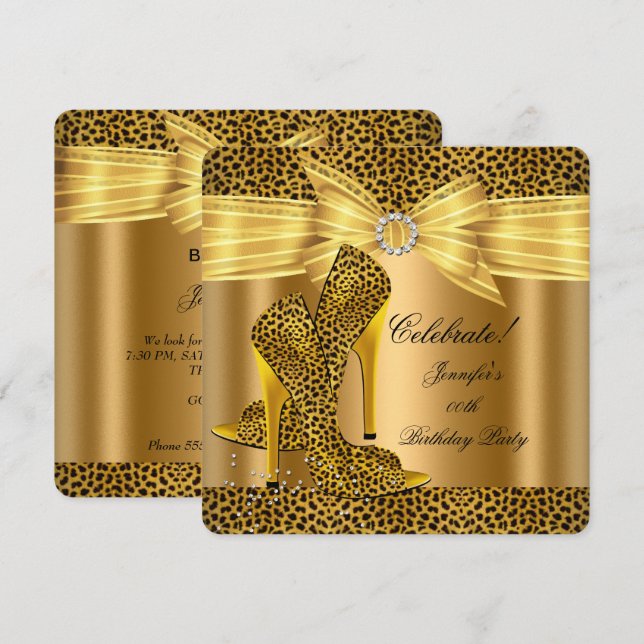 Invitation Chaussures Leopard High Heels Gold Birthday Party (Devant / Derrière)