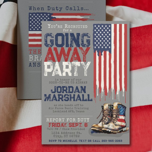 Invitation Chaussures Militaires Drapeau GRIS Fête de départ  (Military going away farewell party invitation front and back with vintage combat boots & drip flag)