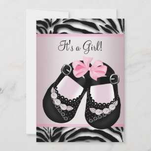 Invitation Chaussures noires roses Baby Shower Zèbre rose