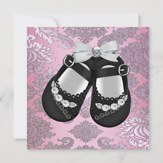 Invitation Chaussures noires roses bébé fille damassé (Devant)