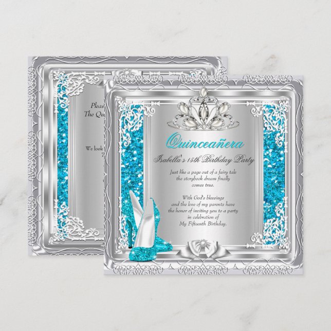 Invitation Chaussures Pailletées Sarcelle pour les 15 Ans de  (Devant / Derrière)