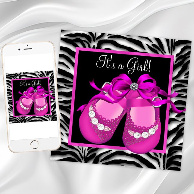 Invitation Chaussures pour bébé Hot rose Zebra Baby Girl Douc (Hot pink baby shower invitation with cute baby shoes. Download and printed invitations available.)