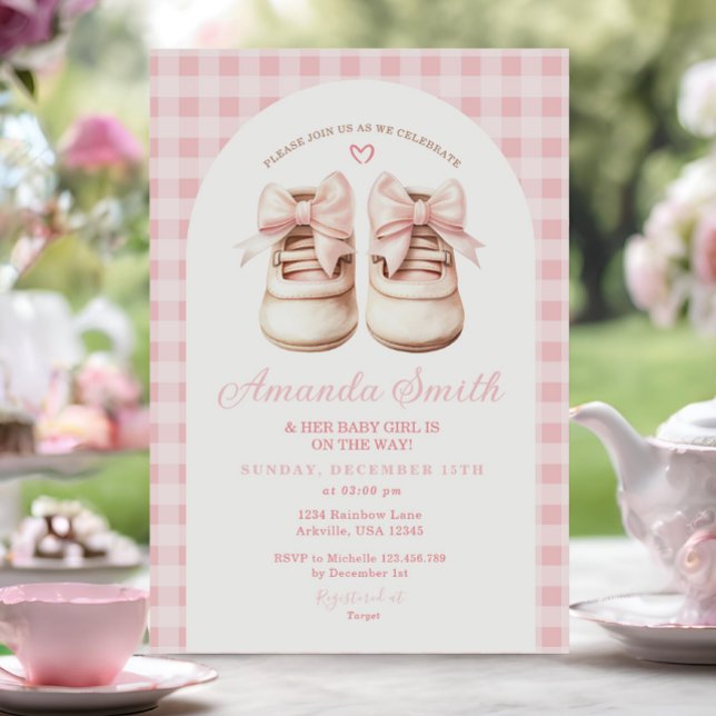 Invitation Chaussures pour bébé rose rousse En vichy Baby sho (Créateur téléchargé)