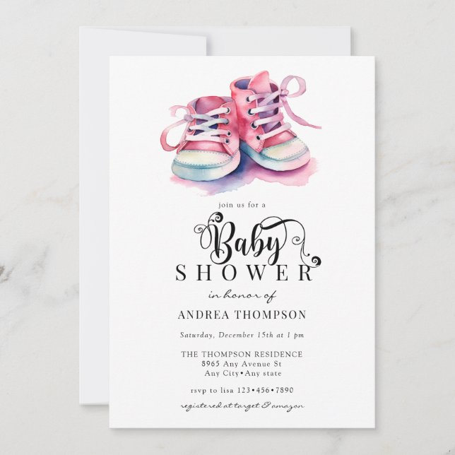 Invitation Chaussures pour bébés | Baby shower rose fille (Devant)