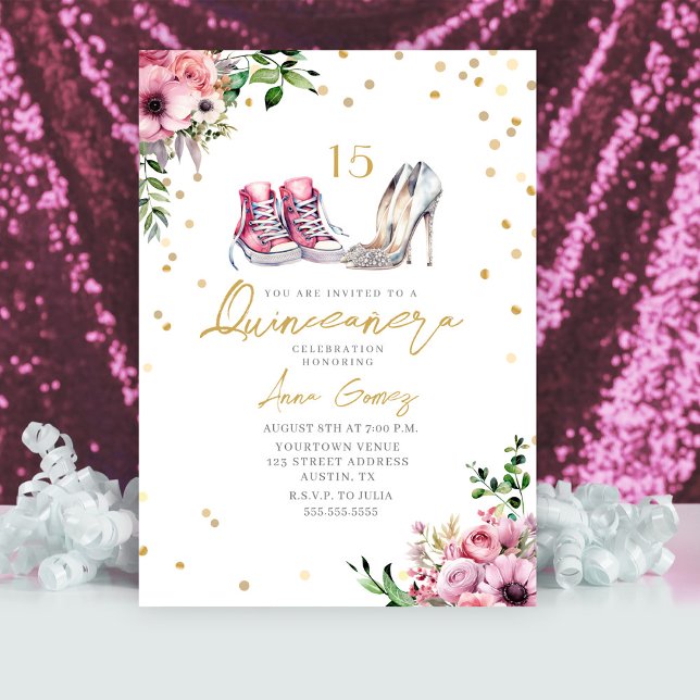 Invitation Chaussures Quinceañera Baskets Roses Talons 15 Flo (Créateur téléchargé)