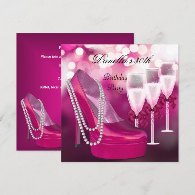 Invitation Chaussures roses à talons hauts Champagne pour 30  (Devant / Derrière)