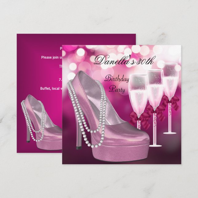 Invitation Chaussures roses à talons hauts Champagne pour 30  (Devant / Derrière)