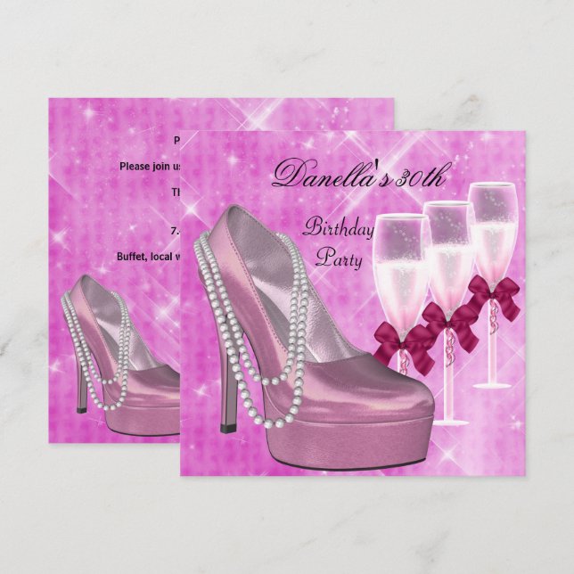 Invitation Chaussures roses à talons hauts Champagne pour 30  (Devant / Derrière)