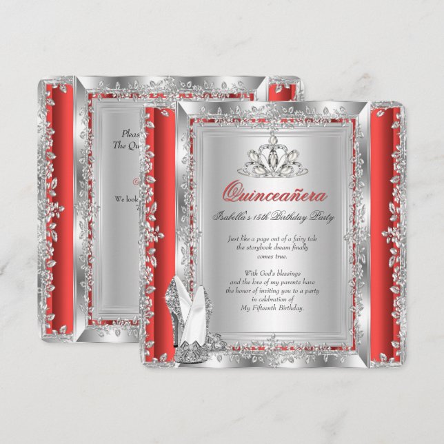 Invitation Chaussures rouges argentées pour les 15 ans de Qui (Devant / Derrière)