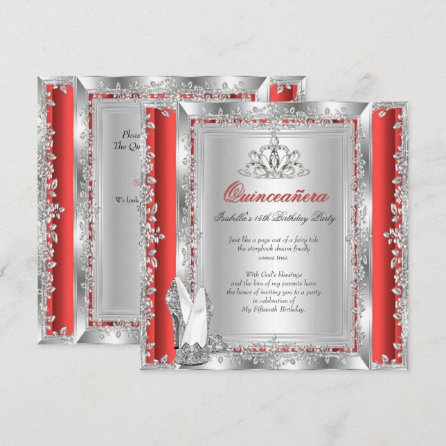 Invitation Chaussures rouges argentées pour les 15 ans de Qui (Devant / Derrière)