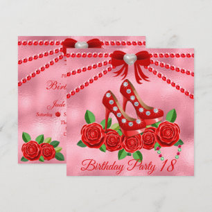 Invitation Chaussures Rouges, Bijoux Et Fleur Rose 18e Annive