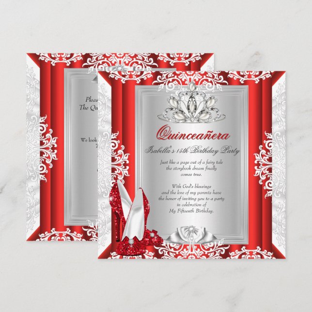 Invitation Chaussures rouges pour fête de 15 ans Glitter Quin (Devant / Derrière)