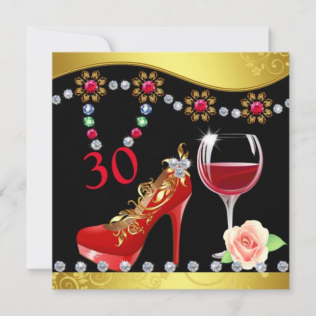 Invitation Chaussures rouges, vin et bijoux 30e anniversaire (Devant)
