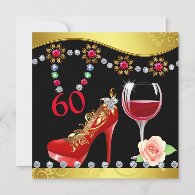 Invitation Chaussures rouges, vin et bijoux 60e anniversaire (Devant)
