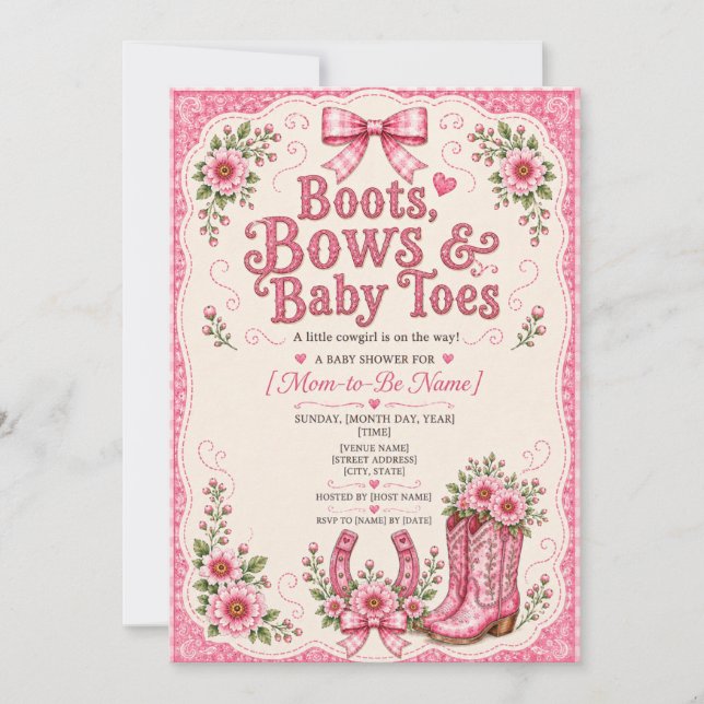 Invitation Chaussures, Rubans et Petits Pieds de Bébé Fille B (Devant)