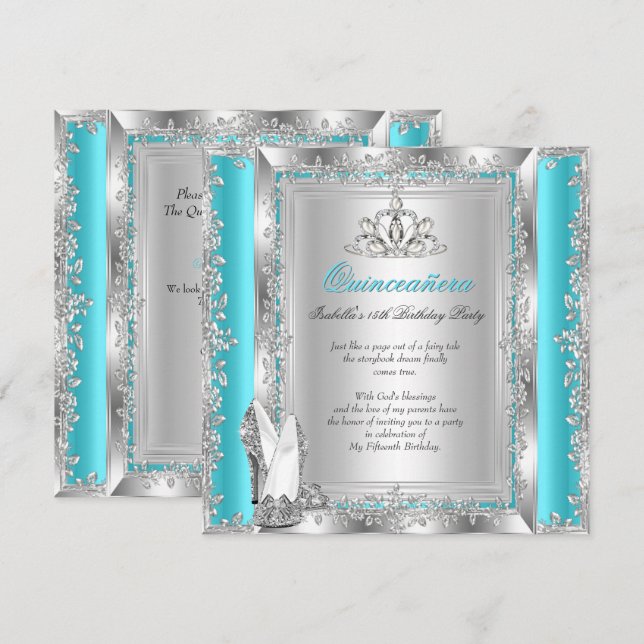Invitation Chaussures sarcelle argent pour fête des 15 ans de (Devant / Derrière)