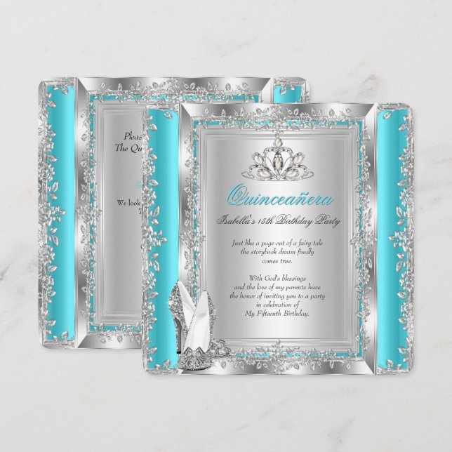 Invitation Chaussures sarcelle argent pour fête des 15 ans de (Devant / Derrière)