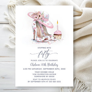 Invitation Chaussures Stiletto Fleur Rose 50e Anniversaire