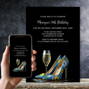 Invitation Chaussures Stiletto Fleuris Bleus Fête d'Anniversa