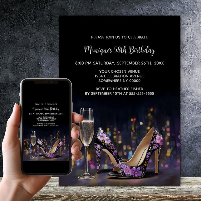 Invitation Chaussures Stiletto Fleuris Violettes Anniversaire (Créateur téléchargé)