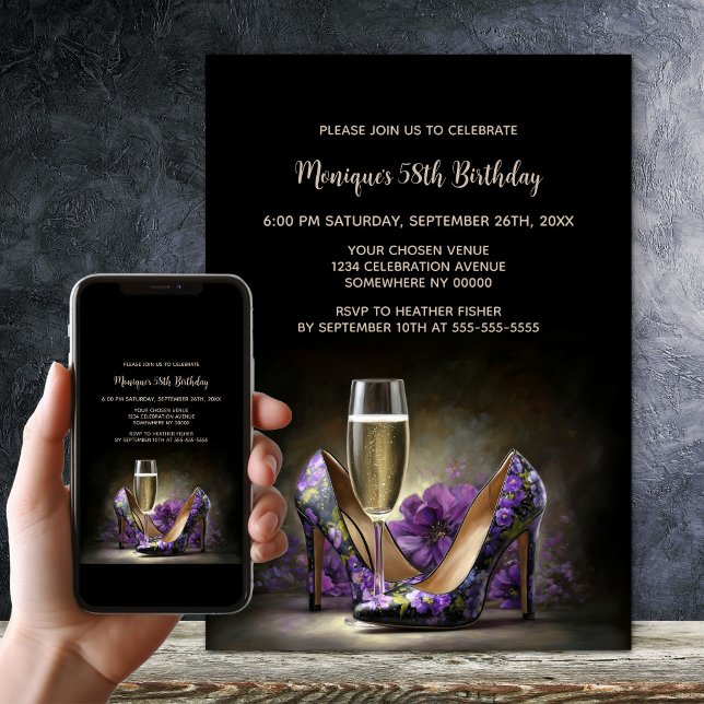 Invitation Chaussures Stiletto Fleuris Violettes Anniversaire (Créateur téléchargé)