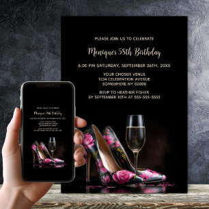 Invitation Chaussures Stiletto Fleurs Roses Anniversaire