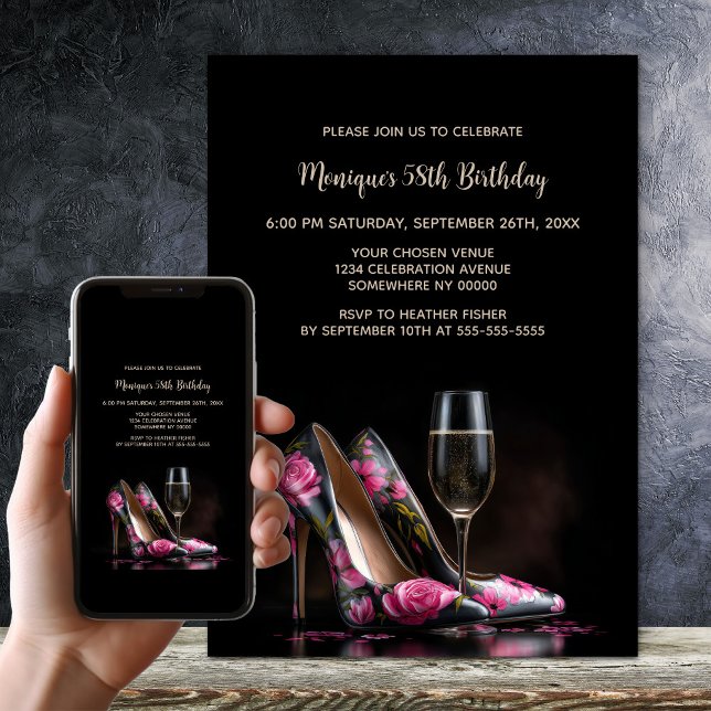 Invitation Chaussures Stiletto Fleurs Roses Anniversaire (Créateur téléchargé)