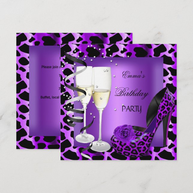 Invitation Chaussures violettes léopard noir pour fête d'anni (Devant / Derrière)