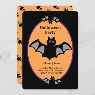 Invitation Chauve-souris d'Halloween moderne sur noir et oran