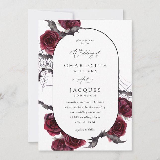 Invitation Chauve-souris d'Halloween Rose rouge Mariage - Bla (Devant)