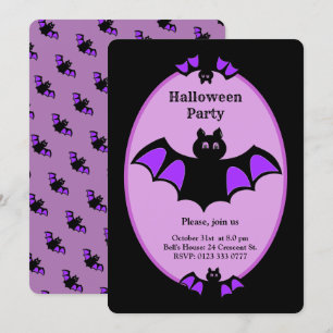 Invitation Chauve-souris moderne d'Halloween sur fond noir et