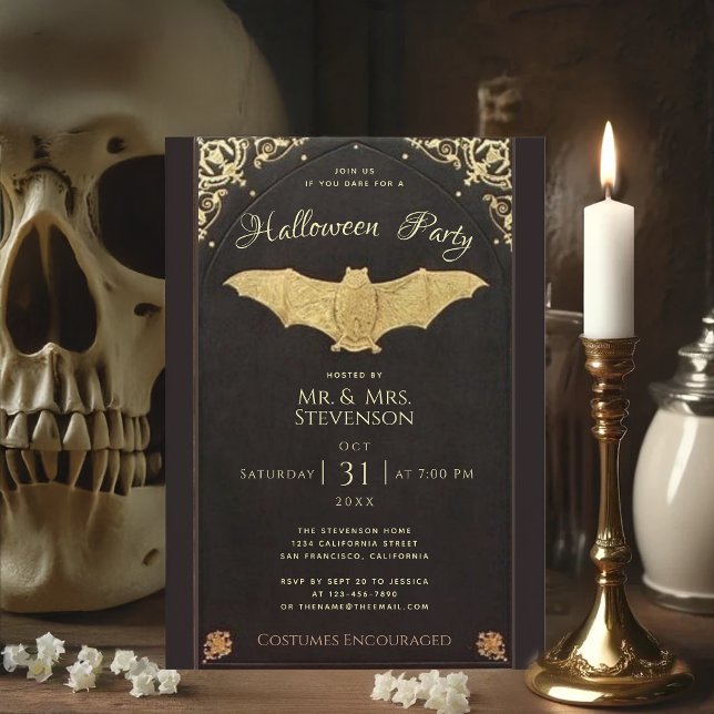 Invitation Chauve-souris noire élégante d'Halloween dorée vin (Créateur téléchargé)