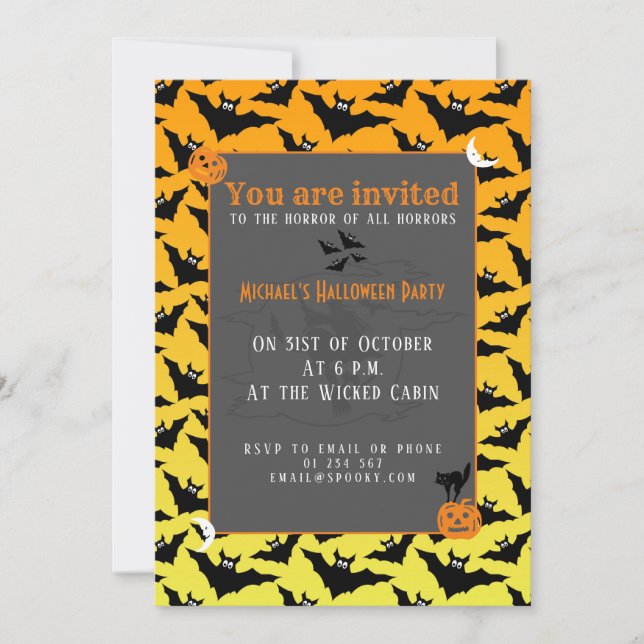 Invitation Chauve-souris noire orange motif Halloween (Devant)