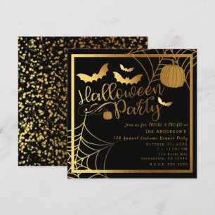 Invitation Chauves-souris citrouille Black & Gold Élégante fê