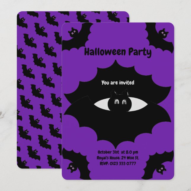 Invitation Chauves-souris d'Halloween sur fond violet royal (Devant / Derrière)
