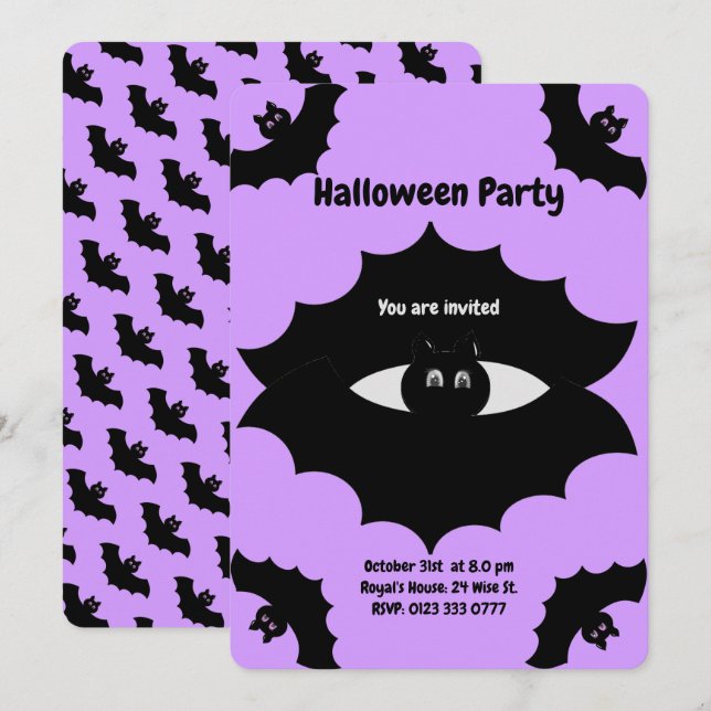 Invitation Chauves-souris d'Halloween sur Violet (Devant / Derrière)