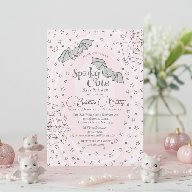 Invitation Chauves-souris roses Éffrayant Baby shower mignon (Spooky Cute Baby Bats Halloween Baby Shower. Baby Bats, Webs, Stars & Moons in Girly Pastel Pink)
