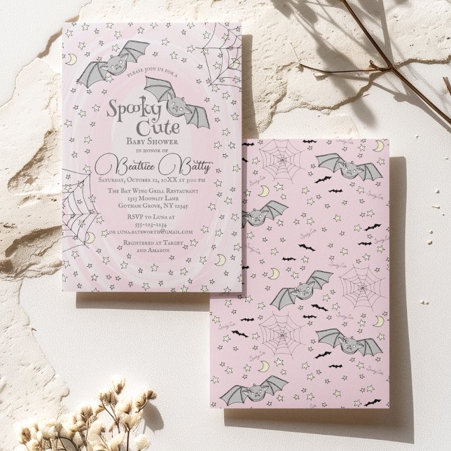 Invitation Chauves-souris roses Éffrayant Baby shower mignon (Baby bats flying among stars, moons and webs against a pink watercolor background. Back: Baby Bats)