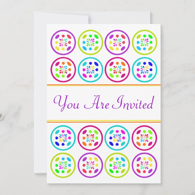 Invitation chaux, turquoise, lilas et roses cercle motifs (Devant)