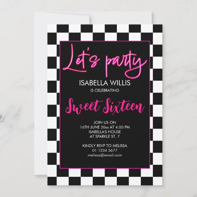 Invitation Checker rose chaud noir blanc Lets party Sweet 16 (Devant)