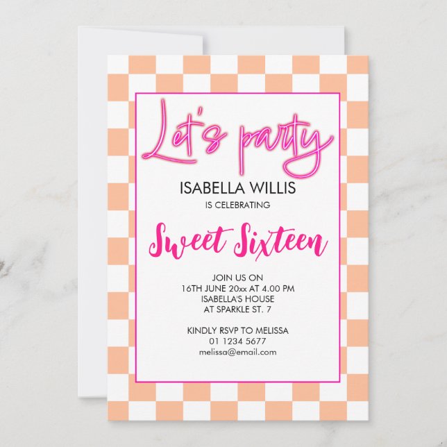Invitation Checker rose chaud pêche blanc Lets party Sweet 16 (Devant)