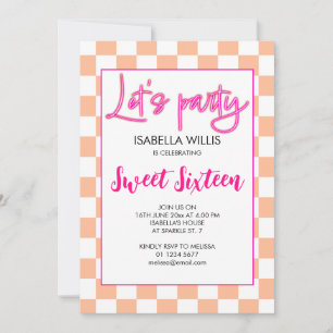 Invitation Checker rose chaud pêche blanc Lets party Sweet 16