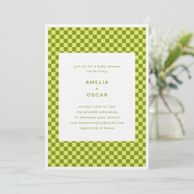 Invitation Checkerboard Lime Olive Retro Couples Baby Shower (Debout devant)