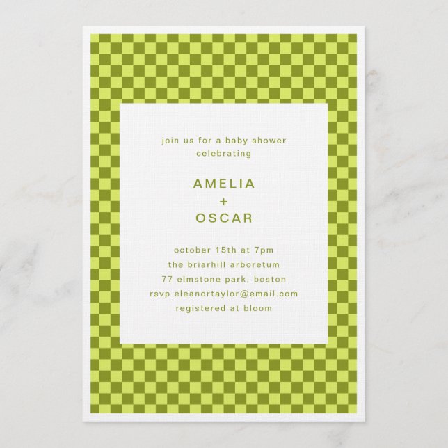 Invitation Checkerboard Lime Olive Retro Couples Baby Shower (Devant)