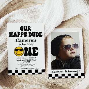Invitation Checkerboard Photo Our Happy Dude 1er Anniversaire