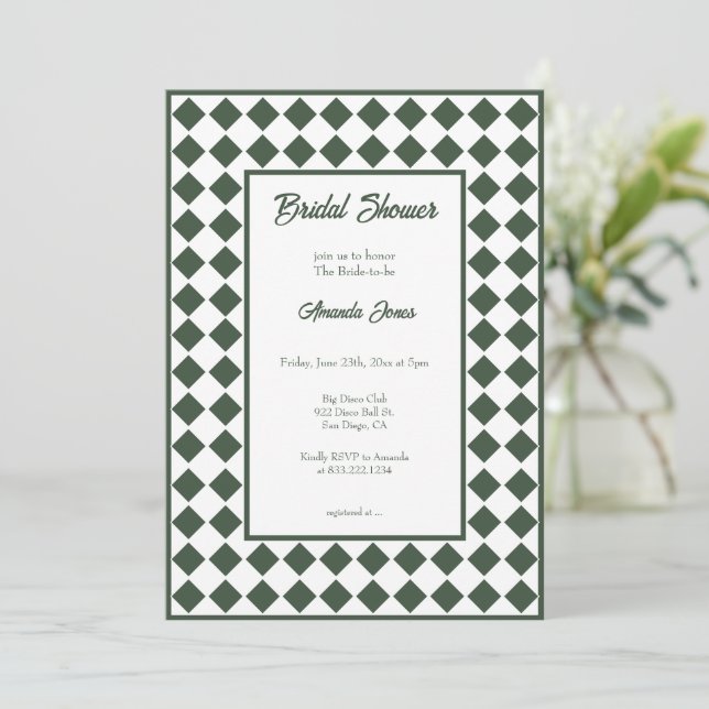 Invitation Checkered Simple Modern Dark Green Bridal Shower (Debout devant)