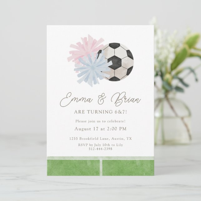 Invitation Cheer and Soccer Siblings Joint Birthday Party  (Debout devant)