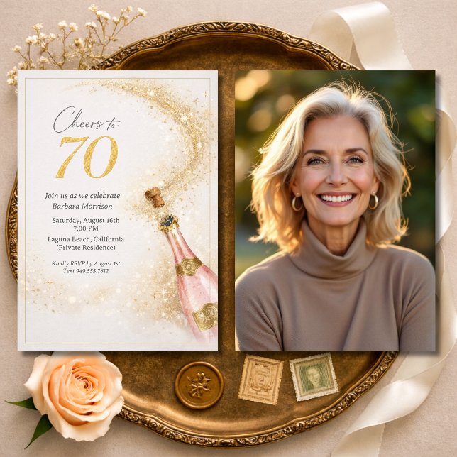 Invitation Cheers 70th Birthday Photo Pink Gold Champagne (Créateur téléchargé)